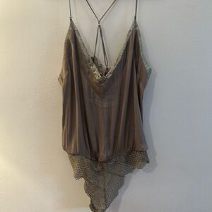 Free People Taupe Lace Trim Bodysuit - Preloved